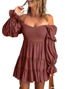 lot 1207 image: Dokotoo Women Cute Summer Spring 2025 Sexy Off The Shoulder Square V Neck Long Sleeve Babydoll Mini Short Dress Ruffle Smocked Easter A-Line Short Birthday Dresses for Women Casual 2024 Brown Small - Retail $35