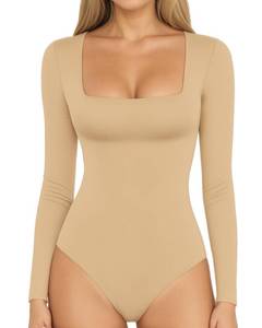 lot 1220 image: MANGOPOP Womens Square Neck Long Sleeve Bodysuit Sexy Body Suits Shirt Slim Fitted Tops Nude Large - Retail $10