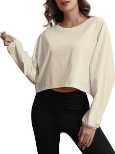lot 1222 image: Baleaf Womens Workout Tops Casual Sweatshirt Long Sleeve Cropped Plain t Shirts Crewneck Ladies Going Out Crop Loose Fit Fashion Fitness Clothing for Women Trendy Beige L - Retail $15