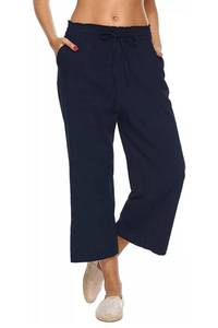 lot 1223 image: LNX Womens Linen Capri Pants Wide Leg High Waisted Drawstring Casual Cropped Pants with Pockets Navy - Retail $27