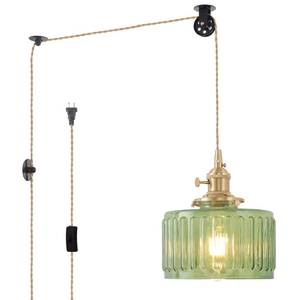 lot 1236 image: Shenmoyl Plug in Pendant Light Hanging Light Fixture Corded OnOff Switch Brass Pendant Light with Green Striped Glass Lampshade for Bedroom Living Room Kitchen Island - Retail $47