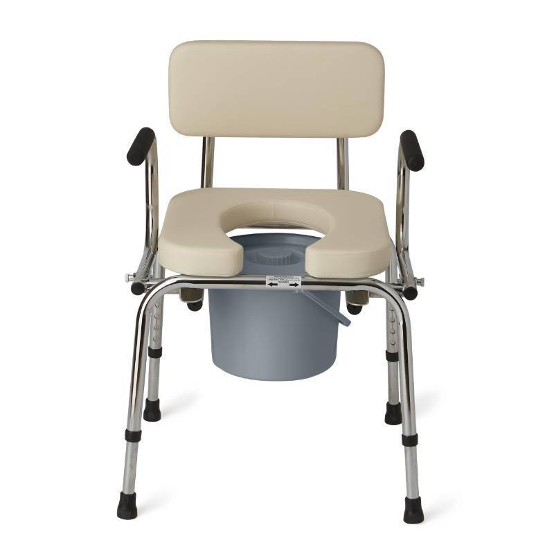 lot 2028 image: Medline Drop Arm Commode with Padded Seat and Backrest, Durable Toilet Chair for Adults and Seniors, Removable Pail, Splash Guard, Drop Down Arms for Easy Transfer, 350 lb. Weight Capacity, Tan - Retail $140