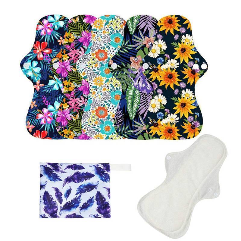 lot 2061 image: 6pcsSet Resuable Washable Incontinence Pads, Waterproof Organic Bamboo Resuable Menstrual Pads Sets, Including 5pcs Heavy Flow Cloth Mama Sanitary Napkins  1pc Mini Wet Bag - Retail $14