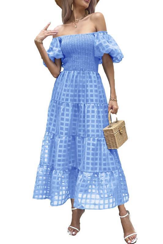 lot 2065 image: PRETTYGARDEN Womens Casual Summer Dress Puffy Short Sleeve Square Neck Smocked Tiered A Line Maxi Long Dresses (Plaid Sky Blue,Medium) - Retail $34