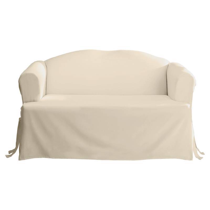 lot 2071 image: SureFit Home D�cor Cotton Duck Solid T-Cushion Loveseat One Piece Slipcover, Relaxed Fit, 100% Cotton, Machine Washable, Natural Color - Retail $46