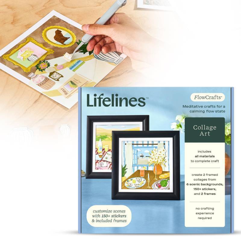 lot 2075 image: Lifelines FlowCrafts, Collage Art Kit - Miniature Framed Collages from 6 Scenic Backgrounds, 150 Stickers & 2 Picture Frames - Sensory Arts & Crafts Kit for Teens & Adults - DIY Wall D�cor - Retail $10
