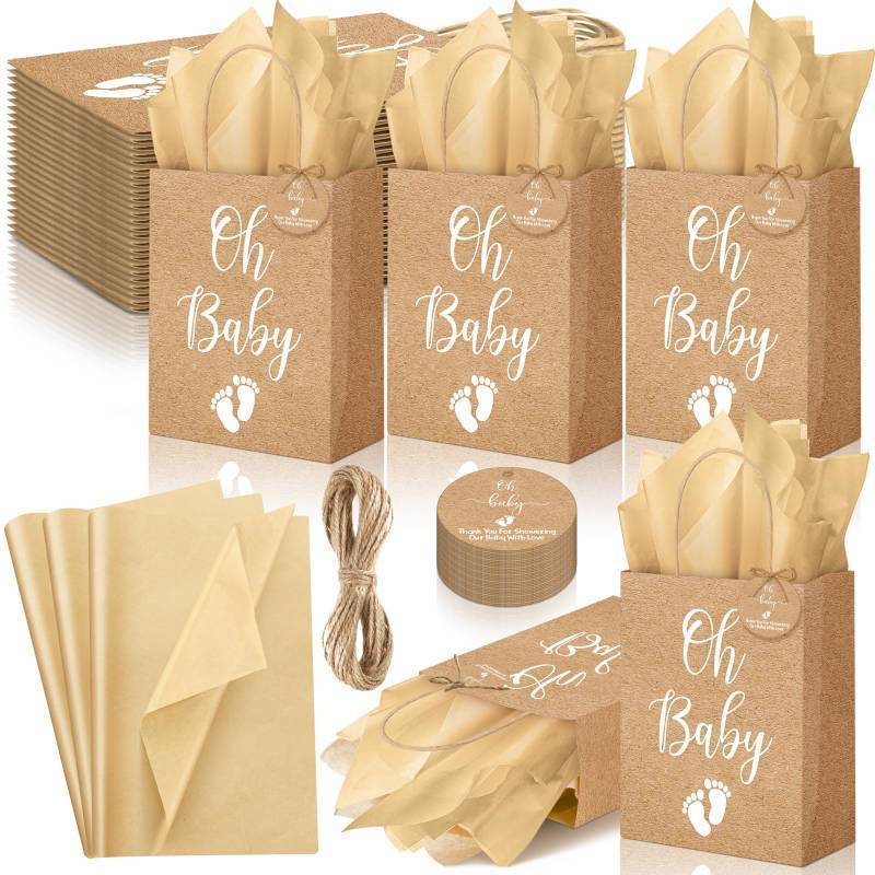 lot 2077 image: Saypacck 50 Pack Rustic Kraft Baby Shower Gifts Bag with Tissue Papers Baby Shower Paper Bags with Handle and 50 Tissue Tags Twine for Guests Gifts Gender Reveal Favors - Retail $25