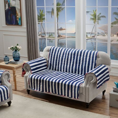 lot 2084 image: Barefoot Bungalow Peony Posy High Quality Fashion Designs Deluxe Reversible LoveSeat Furniture Protector - 103x76, Navy - Retail $122