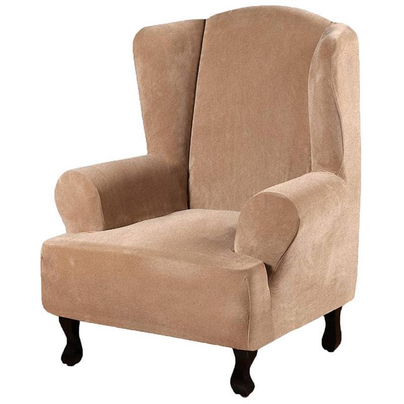 lot 2085 image: Wing Chair Slipcover, Velvet Stretch wfloral design Wingback Armchair Cover, Non Slip Chair Slipcovers with Elastic Bottom, Wing Back Chair Covers Furniture Protector, Machine Washable,Camel - Retail $54