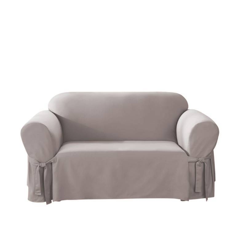 lot 2095 image: KhakiWhite Ticking Twill Cotton Duck round arm Box Cushion One Piece Slipcover, Furniture Cover, Relaxed Woven Fit, 100% Cotton, Machine Washable - Retail $58