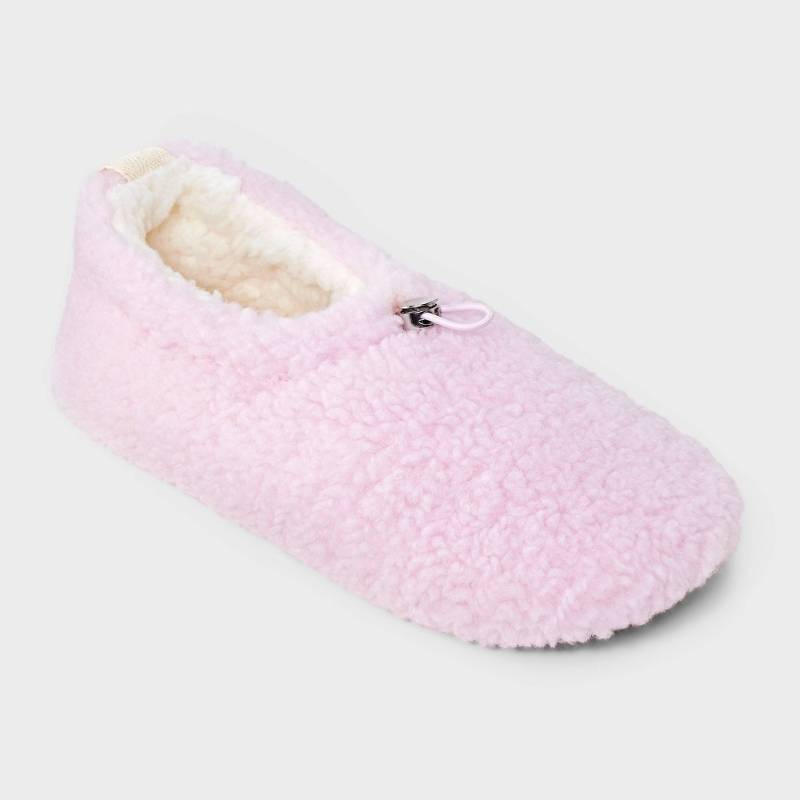 lot 2104 image: Womens Faux Shearling Pull-On Slipper Socks with Metal Toggle & Grippers - Pink SM - Retail $13