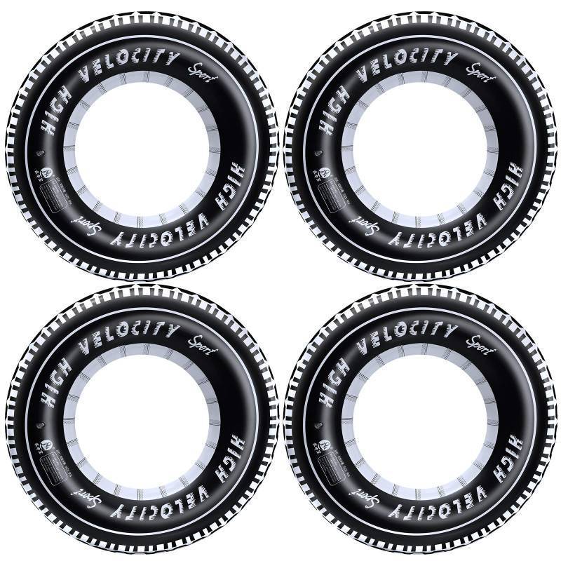 lot 2110 image: Inflatable Tire Tubes Pool Floats for Adults Kids Tire Swimming Rings River Raft Truck Race Car Themed Birthday Party Supplies Decorations 4Pack - Retail $19
