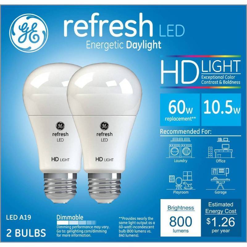 lot 2116 image: GE 2pk 60W Equivalent Refresh LED HD Light Bulbs Daylight - Retail $11