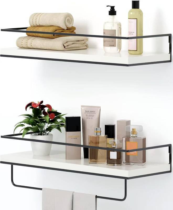 lot 2119 image: Shario White Floating Shelves - Set of 2, Wall Mounted Hanging Shelves with Black Towel Rack, Decorative Storage Shelves for Bathroom, Kitchen, Living Room & Bedroom (Modern White, 15.7 Inches) - Retail $26