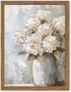 lot 151962 image: Framed Vintage Canvas Wall Art, White Hydrangea Floral Wall Decor Paintings, Flower Pictures Prints Aesthetic Home Decor for Living Room Bedroom Bathroom Office 16x24 inch