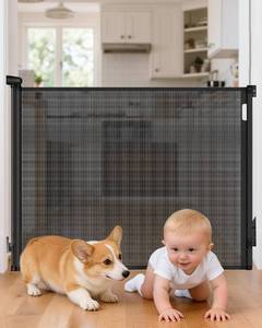 lot 151968 image: Retractable Baby Gate for Stairs, 55 Wide 38 High Pet Gate with Auto-Retract System, One-Hand Operation, Mesh Baby Gate for Doorways, Hallways, Decks, Indoor & Outdoor, Black