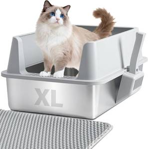 lot 151982 image: Stainless Steel Litter Box with Lid, 20x14 Metal Litter Box, Anti-Urine Leakage Cat Litter Boxes for BigMultiple Cats, Never Absorbs Odors, Non-Stick, Includes Scooper and Mat