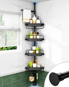 lot 151984 image: ALLZONE Corner Shower Caddy Tension Pole, Extendable Rustproof Stainless Steel Pole & 4-Tier Adjustable Shelves for Easy Drainage and Built-to-Last Stability, 34 to 116 Inch, Black
