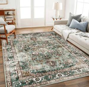 lot 5261 image: Area Rug 8x10 Green Washable Vintage Traditional Mat Distressed Indoor Foldable Thin Retro Accent Floral Print Non Slip Carpet for Living Room Dining Room Office