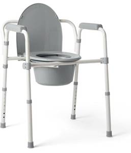 lot 5269 image: Medline 3-in-1 Steel Bedside Commode, Standard Seat, Sturdy Folding Frame, 7.5 QT. Bucket, 350 lb. Weight Capacity, Clip-on Seat, Easy Cleaning, Tool-Free Assembly, Gray