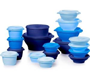 lot 5284 image: Tupperware Heritage Collection, New 36 Piece Food Storage Container Set in Vintage Blue, Dishwasher Safe and BPA Free (18 containers, 18 lids)