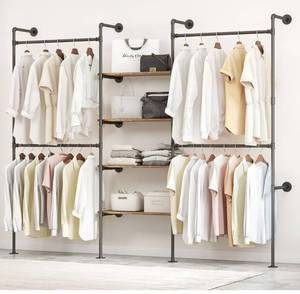 lot 5286 image: Industrial Pipe Clothing Rack, Heavy Duty Adjustable Garment Hanger with Shelves, 2 Installation Methods Closet Storage System for Wardrobe Organization (Black, 80 H x 86 W)