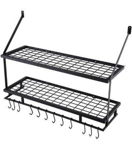 lot 5289 image: Black Stainless Steel Kitchen Shelf, Storage Shelf with Hook Seasoning jar, Double-Layer Dish Wall-Mounted Shelf ()