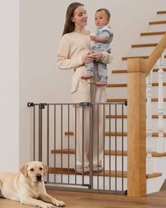 lot 5299 image: InnoTruth 29.5-40.75 Baby Gate for Stairs, 30 Tall Dog Gates for Doorways &amp Hallways, Safety Gate for Kids &amp Pets, Pressure-Mounted Walk-Through with Dual Lock &amp 2-Way Swing, Brown