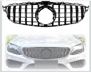 lot 5302 image: Black Front Upper Grille Compatible with 2019 2020 2021 Mercedes Benz C-class W205 C250 C300 C350 Benz Gloss Black GTR GT Style ABS Grille