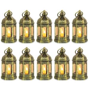 lot 5317 image: Mini Lantern with Flickering LED Candles Set of 10, Hewory Gold Vintage Decorative Hanging Candle Lanterns for Halloween, Christmas, Wedding Decorations, Party, Table Centerpiece, Battery Included