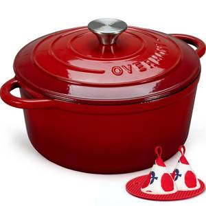 lot 5372 image: Overmont 5.5QT Enameled Cast Iron Dutch Oven with Lid Cookbook Heavy-Duty Casserole with Dual handles for Braising, Stews, Roasting, Bread Baking