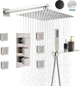 lot 5255 image: OMEKNTOP Brushed Nickel Bathroom Shower System, 12 Inch Thermostatic Bathroom Mixer Shower Faucet Set, Wall Mounted Rain Shower Head with Handheld Spray and 6 Body Jets