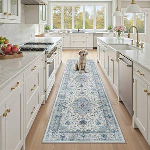 lot 5381 image: RELEANY Area Rugs 2x7 Runner Rug Non Slip Washable for Kitchen Hallway Bedroom Beside Laundry Room Bathroom Rug, Floor Carpet, Light Blue Navy Beige Gray White