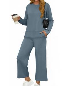 lot 5387 image: Glamaker Sweatsuits Women 2 Piece Outfit Crewneck Sweatshirts Wide Leg Pants Matching Sets Fall Winter Sweatsuit Travel Outfits Grey blue M