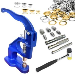lot 5395 image: Heavy Duty Hand Press Grommet Tool Kit with 3 Dies & Multi-Size Grommets (14, 38, 12 Inch), Self-Piercing Labor Saving Design for Fabric, Tarps, Leather, Canvas, Curtains