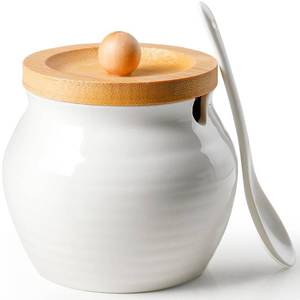 lot 5411 image: AISBUGUR Sugar Bowl with Lid and Spoon 13oz Sugar Jar with Bamboo Lid,Ceramic Sugar Container for Coffee Bar - Countertop,Kitchen Decor, White