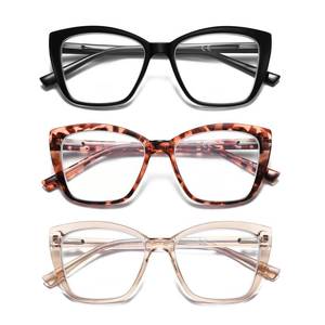 lot 5420 image: PUBOWT Oversized Reading Glasses For Women Cat Eye Blue Light Blocking Computer Readers Stylish Ladies Designer Unbreakable Large Fashion Eyeglasses 3pack Black Leopard Champagne PT2001A  2.50