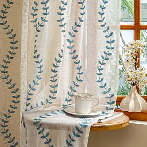 lot 5448 image: AmHoo 2 Panels Linen Leaf String Floral Embroidered Semi Sheer Curtain Farmhouse Voile Curtains for Living Room Bedroom Window Treatment Teal 52 x 84 Inch