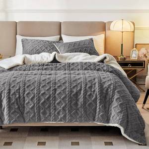 lot 5458 image: Joyreap 3-Piece Fluffy Faux Fur Sherpa Comforter Set Gray, King Size Luxury Tufted Bedding Comforter Set, All Season Soft n Cozy Plush Comforter Bed Set- 100x88 inches