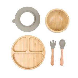 lot 5478 image: KhaNoor Bamboo Toddler Plate &amp Bowl Set with Strong Suction Includes Plate, Bowl, Spoon &amp Fork Baby Plates with Suction for Baby Led Weaning, Kids Feeding Essentials, Non-Toxic &amp BPA Free
