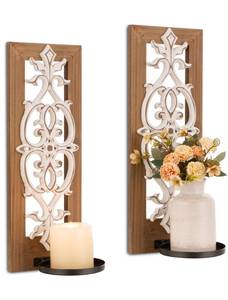 lot 5490 image: Farmhouse Wood Candle Sconces Wall Decor - Set of 2 Walasis Rustic Wall Candle Holder Decorative Carved Brown Candle Sconce Farmhouse Art Distressed Pillar Candles Holder for Fireplace Decor