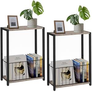 lot 5498 image: Homleke Narrow Side Tables Set of 2 with Magazine Holder, Skinny End Tables Perfect for Small Spaces, Space-Saving Design for Living Room, Bedroom, or Office, 7.1 D x 16.9 W x 23.6 H, Greige