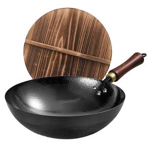 lot 5503 image: UMETRE Carbon Steel Wok Pan, 13.5 Woks &amp Stir-Fry Pans with Wooden Lid Cookwares, Nonstick Wok, No Chemical Coated Round Bottom Hand Hammered Chinese Wok For Gas