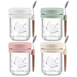 lot 5512 image: 4 Pack Overnight Oats Containers with Lids and Spoons, 16 oz Glass Mason Jars with Airtight Lids, Overnight Oats Jars for Milk, Cereal, Fruit
