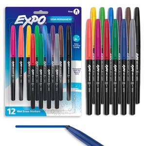 lot 5537 image: EXPO Wet Erase Markers, Semi-Permanent, Assorted Colors, Fine Tip, 12 Count - For Writing on Glass, Whiteboards, Mirrors, Calendar, Labeling, Organizing