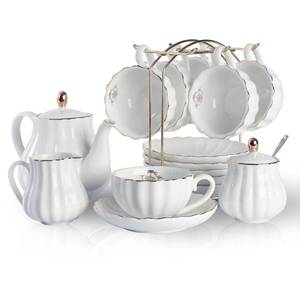 lot 5541 image: Porcelain Tea Sets British Royal Series, 8 OZ Cups& Saucer Service for 6, with Teapot Sugar Bowl Cream Pitcher Teaspoons and tea strainer for TeaCoffee, Pukka Home (Pure White)
