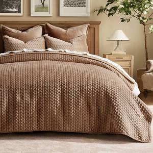 lot 5604 image: EVERGRACE Luxury Velvet Quilt Set King Size 3 Piece, Soft Cross-Stitch Velvet Comforter Set with Pillow Shams, Lightweight Coverlet Bedspread Bedding Set for All Seasons, Tobacco Brown