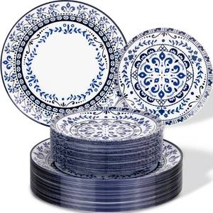 lot 5608 image: Hioasis 60pcs Blue Plastic Plates Set - Floral Blue & White Porcelain Design, 10.25 Dinner & 7.5 Dessert Plates Disposable for Wedding (Dishwasher Safe, Traditional Style)