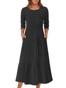 lot 5634 image: Prinbara Womens 34 Sleeve Casual Maxi Floral Dresses 2026 Spring Crewneck A-line Tiered Flowy Summer Boho T Shirt Long Dress Black Large