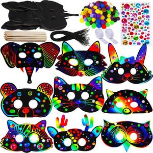 lot 5645 image: Winlyn 27 Sets Magic Scratch Off Art Rainbow Magic Scratch Paper Animal Masks Owl Rabbit Tiger Wolf Bear Squirrel Fox Bear Elephant Cutouts Face Kids Jungle Forest Animal Birthday Party Activities